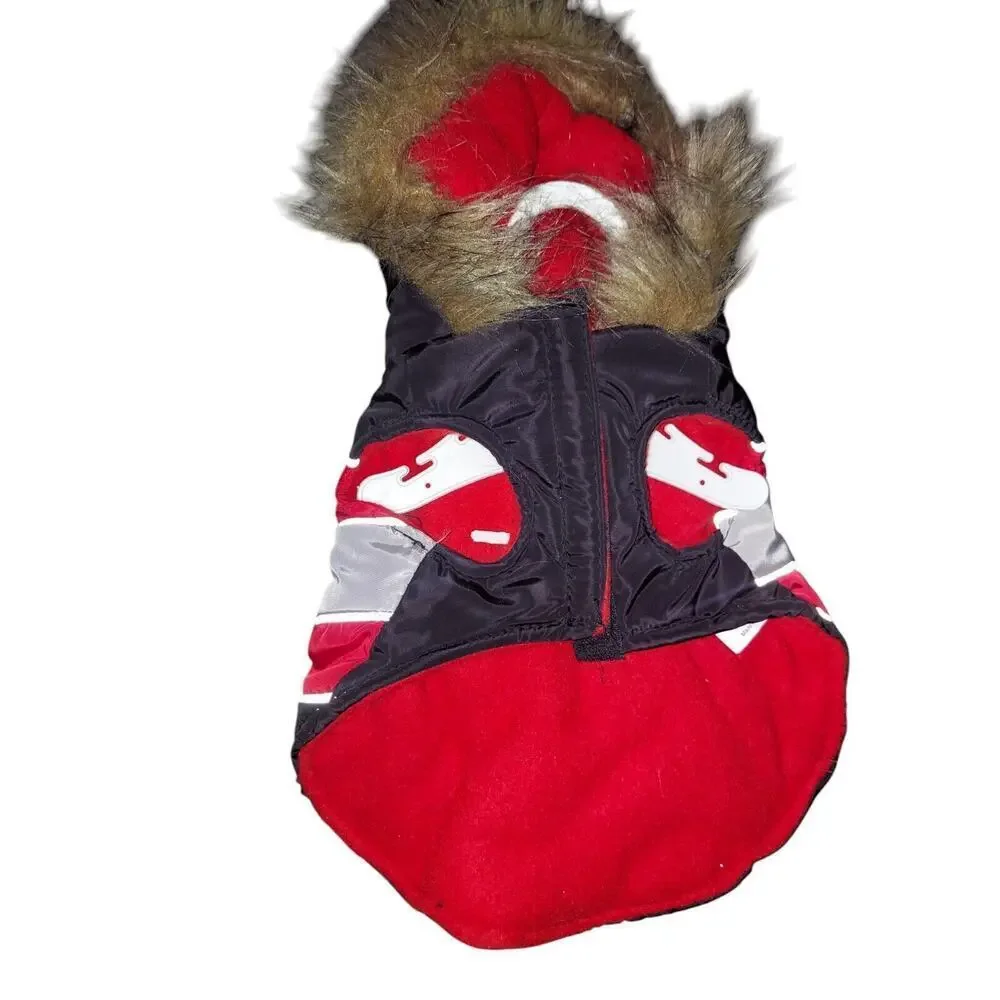 FASHION PET Diagonal Stripe Puffy Coat Red Gray Black XS With Faux Fur
